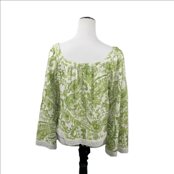 Nicole Miller Boho Green/White Paisley Cropped Linen Blend Blouse Size Medium - Picture 4 of 6
